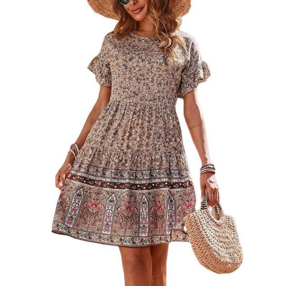 Camisa Dresses & Skirts - Camisa Brown Floral Ruffle Sleeve A Line Dress Size S
